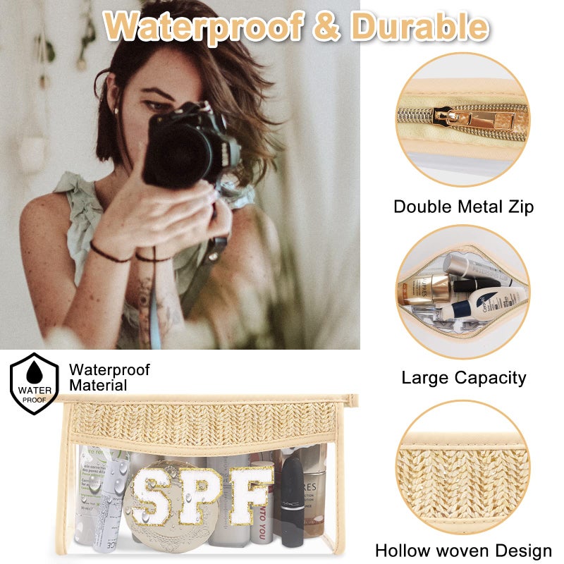 Iqimott Boho Patch SPF Bag Clear Makeup Letter Bag  Waterproof Zipper Make up Bag Toiletry Pouch for Women Girls  Clear Letter Patch Cosmetic Bag Transparent Organizer Pouch for Travel(SPF  Beige) - Image 3